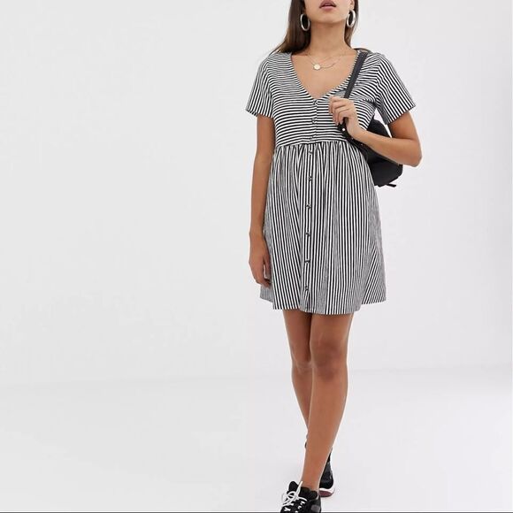 ASOS Dress *NWOT* Mini V Neck Button Through Smock Dress in Stripe - Picture 1 of 9